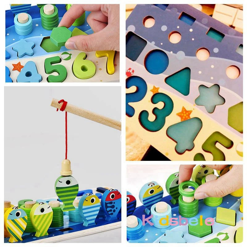 Juguetes de matemáticas Coraleda para niños pequeños, rompecabezas de madera educativos, juguetes de pesca, juegos de clasificación, conteo, números, formas, juego de mesa.