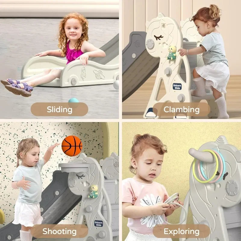 Tobogán plegable para niños con forma de unicornio, parque infantil al aire libre, juego de escalada con música, aro de baloncesto con pedal cerrado y juego de aro para niños y niñas