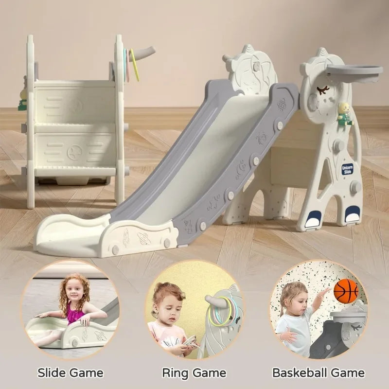 Tobogán plegable para niños con forma de unicornio, parque infantil al aire libre, juego de escalada con música, aro de baloncesto con pedal cerrado y juego de aro para niños y niñas