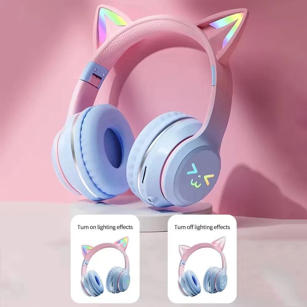 Auriculares portátiles con luz RGB y control por Bluetooth, reducción de ruido con orejas de gato, auriculares inalámbricos con Bluetooth para PC y Gamer.