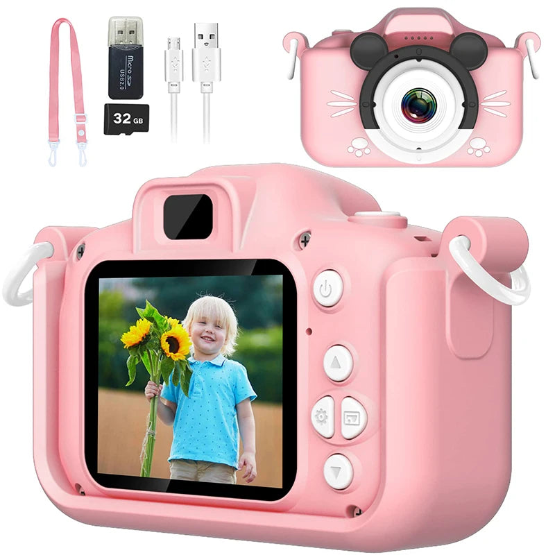 Cámara de vídeo digital HD para niños, cámara para niños pequeños con cubierta de silicona, juguete portátil con tarjeta SD de 32 GB para niñas, regalo de cumpleaños de Navidad