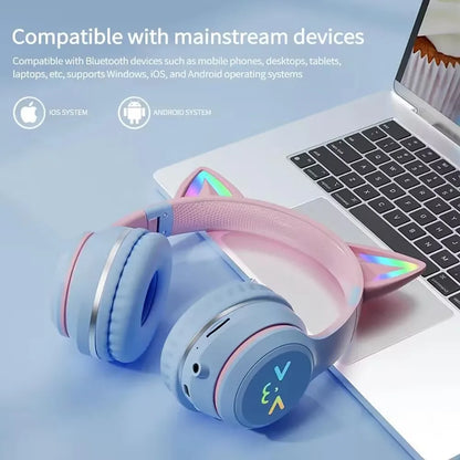 Auriculares portátiles con luz RGB y control por Bluetooth, reducción de ruido con orejas de gato, auriculares inalámbricos con Bluetooth para PC y Gamer.