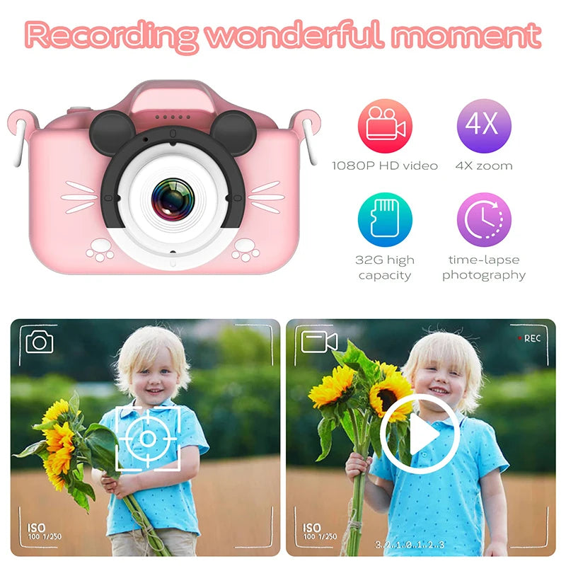 Cámara de vídeo digital HD para niños, cámara para niños pequeños con cubierta de silicona, juguete portátil con tarjeta SD de 32 GB para niñas, regalo de cumpleaños de Navidad