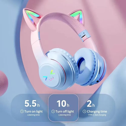 Auriculares portátiles con luz RGB y control por Bluetooth, reducción de ruido con orejas de gato, auriculares inalámbricos con Bluetooth para PC y Gamer.